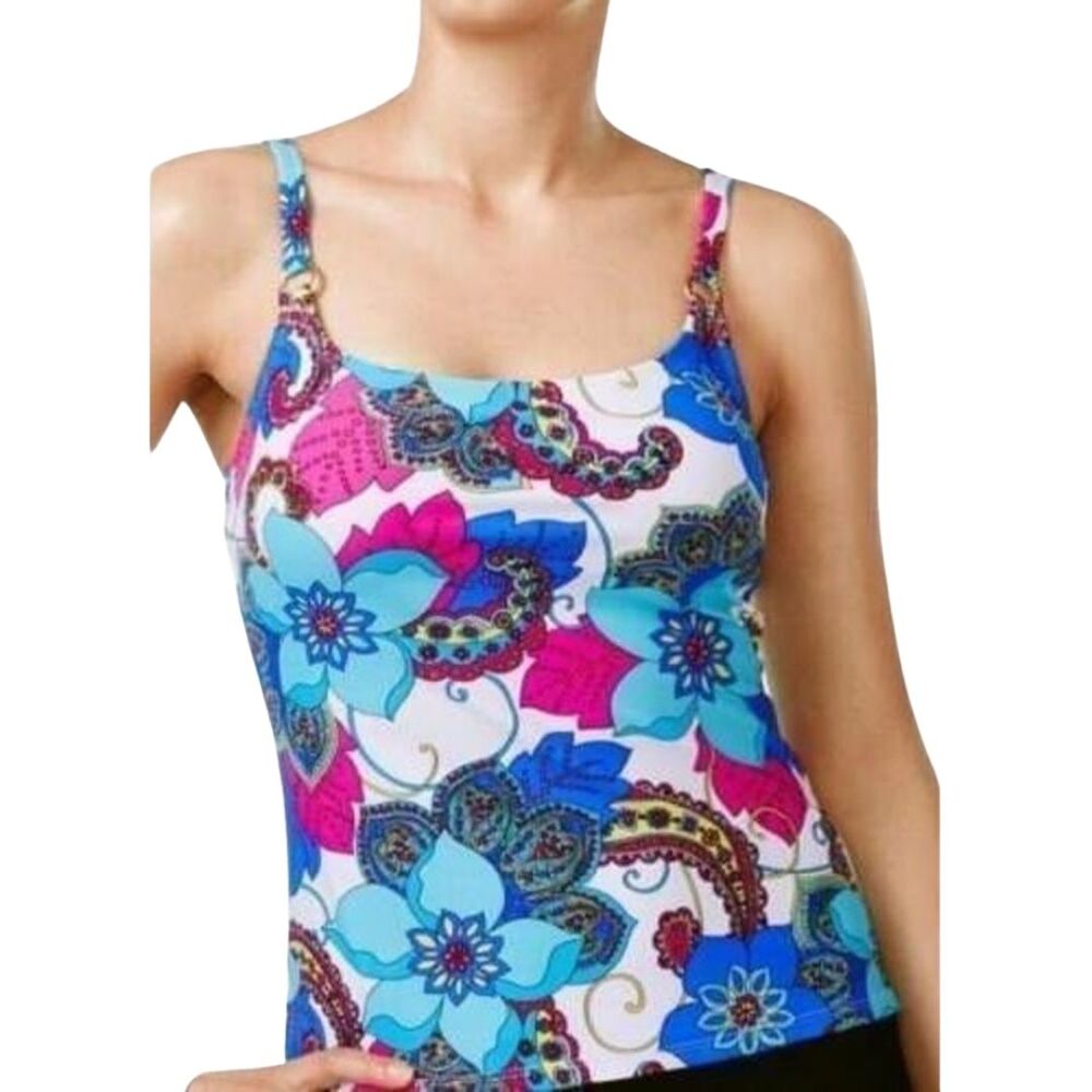 ISLAND ESCAPE Maui Madness Floral Paisley Tankini Top Pink Blue NWT Size 10